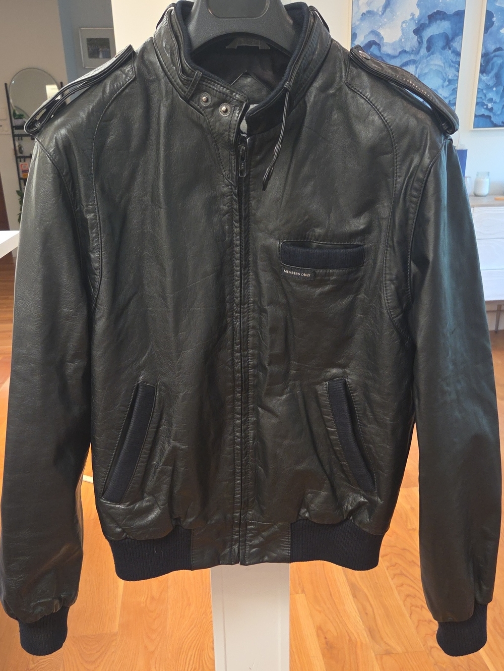 Members Only Mens Vintage 100% Leather Black Bomber Jacket with Ribbed Trim (L)